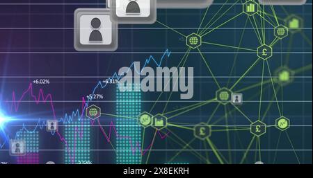 Image of connected icons, profile icons, graphs with changing numbers over abstract background Stock Photo