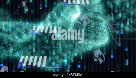 Image of binary codes moving in wave patterns over globes and graphs Stock Photo