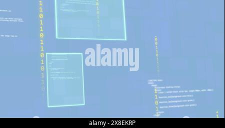 Image of programming language with binary codes and screens on blue background Stock Photo