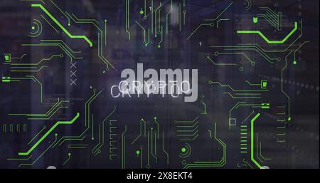 Image of crypto text and binary codes with circuit board pattern over data serve room Stock Photo
