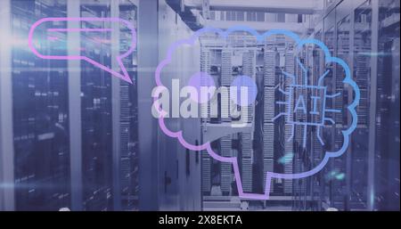 Image of ai text in brain and speech bubble over server systems in server room Stock Photo