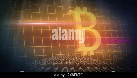 Image of grid pattern, binary codes and bitcoin illuminated symbol over black background Stock Photo