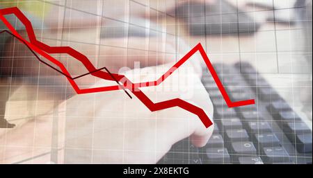 Image of graphs, time lapse of walking people, cropped hands of caucasian man typing on keyboard Stock Photo