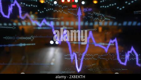 Image of soundwaves, graphs, codes and arrow up signs over cars moving on illuminated street Stock Photo