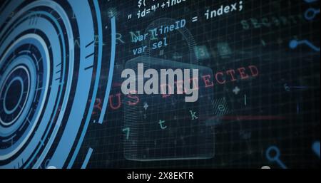 Image of loading circles, computer language over padlock, letters, symbols, texts and numbers Stock Photo