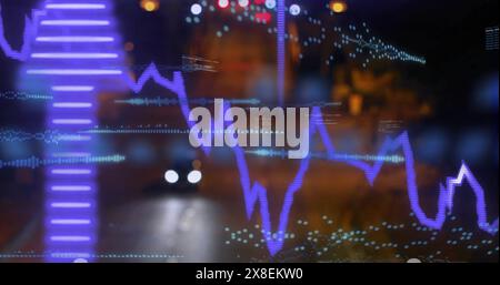 Image of soundwaves, graphs, codes and arrow up signs over cars moving on illuminated street Stock Photo