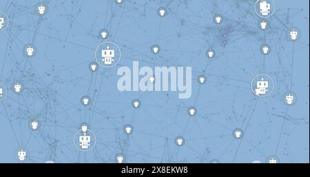 Image of robot icons in circles moving on blue background Stock Photo