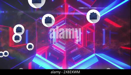 Image of icon in circles over multicolored hexagon tunnel against abstract background Stock Photo