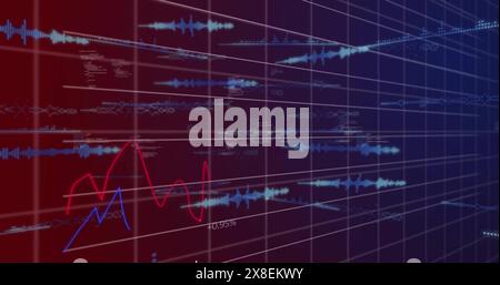 Image of soundwaves with programming language and multiple graphs on grid pattern Stock Photo