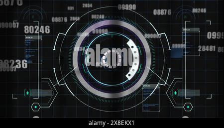Image of loading circles, computer language over falling changing numbers on black background Stock Photo