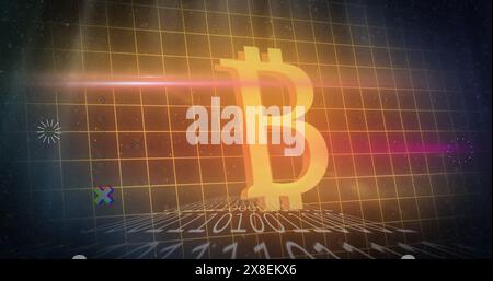 Image of grid pattern, binary codes and bitcoin illuminated symbol over black background Stock Photo