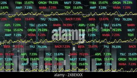 Image of multicolored trading board and multiple graphs over black background Stock Photo