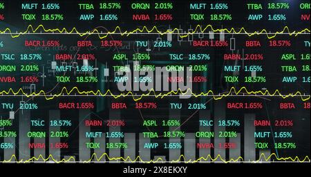 Image of multicolored trading board and multiple graphs over black background Stock Photo