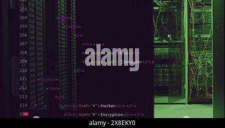 Lines of HTML code are overlaying server room with various networking equipment Stock Photo