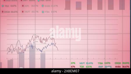 Image of financial data processing and statistics over pink background Stock Photo