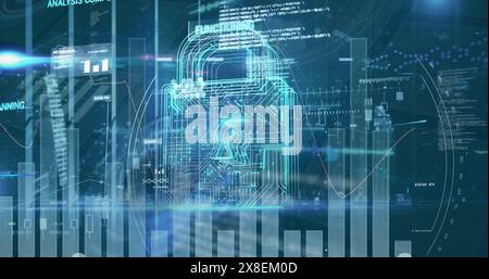 Image of data processing over security padlock Stock Photo