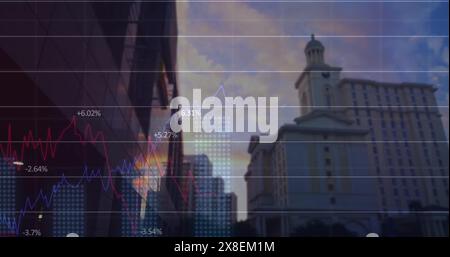 Image of data processing and diagram over cityscape Stock Photo