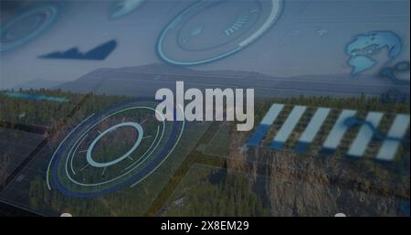 Image of scope scanning and statistic charts over forest and mountains Stock Photo