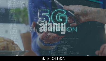 Image of 5g text and data processing over contactless payment with smartphone on terminal Stock Photo