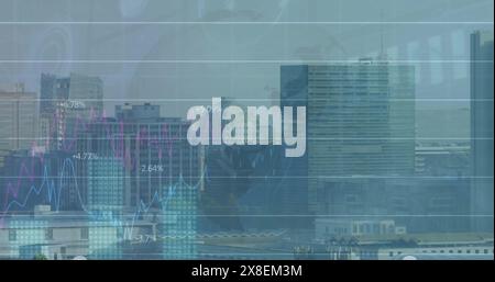 Image of data processing and diagram over cityscape Stock Photo