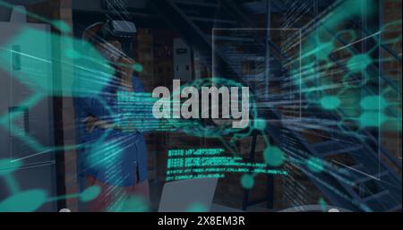 Image of data processing and digital brain over african american businessman using vr headset Stock Photo