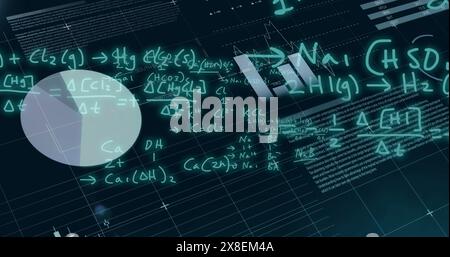 Image of finacial data processing with mathematical equation on black background Stock Photo
