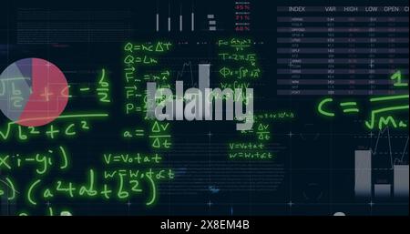 Image of finacial data processing with mathematical equation on black background Stock Photo