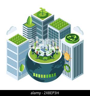 Flat 3d Isometric Sustainable Business Conference with Eco-Friendly Earth and Buildings. Sustainable Business and Sustainable Urban Development Concep Stock Vector