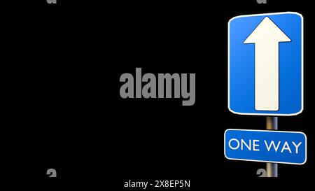 3d rendering of It is a blue rectangular traffic sign with a white arrow with words 'ONE WAY' on it Stock Photo