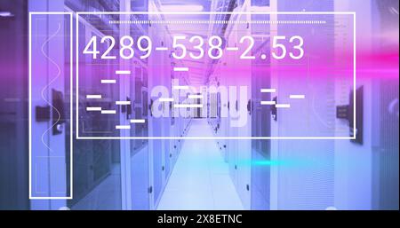 Image of changing numbers, lines and loading bars in rectangle over server room Stock Photo