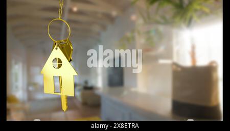 Image of golden key and house over empty house interior Stock Photo