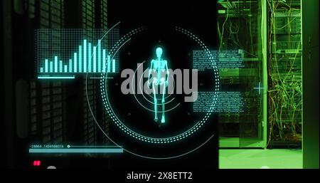 Image of data processing and skeleton walking over server room Stock Photo