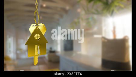 Image of golden key and house over empty house interior Stock Photo