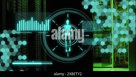 Image of data processing and skeleton walking over server room Stock Photo