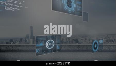 Image of multiple round scanners and data processing against aerial view of cityscape Stock Photo