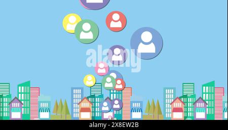 Colorful icons representing people floating above stylized cityscape Stock Photo