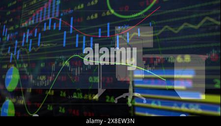 Screens displaying colorful stock market graphs and data, creating vibrant scene Stock Photo