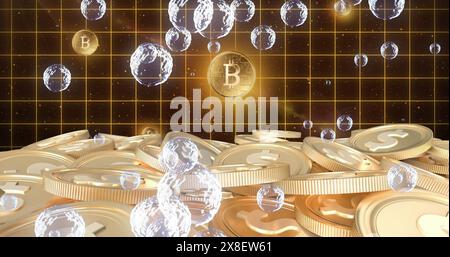 Golden coins showing dollar and Bitcoin symbols floating in space Stock Photo