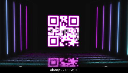 This image shows a pink qr code flickering with pink and blue neon lines on a black background Stock Photo