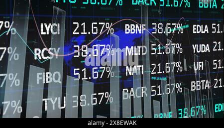 Image of statistical and stock market data processing over world map against black background Stock Photo
