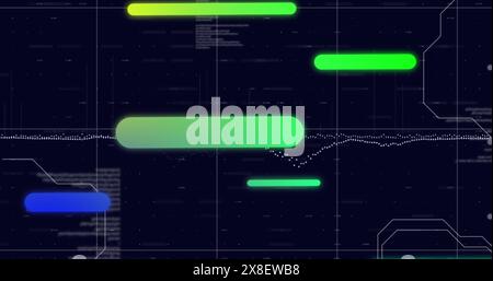 Image of moving bars over graphs, computer language and grid pattern Stock Photo
