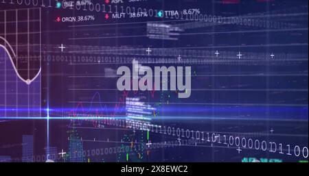 Image of graphs, trading board, binary codes and computer language over abstract background Stock Photo