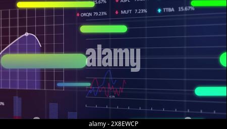 Image of bars moving over multiple graphs and trading board with computer language in background Stock Photo