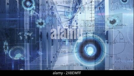 Image of round scanners, data processing and mathematical equations against computer server room Stock Photo