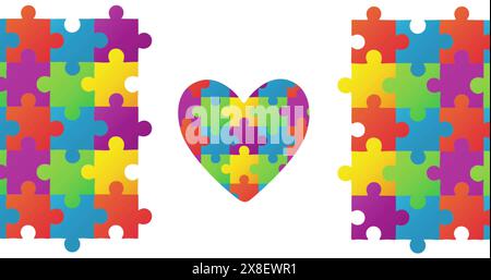 Image of colourful puzzle pieces and autism awareness month text Stock Photo