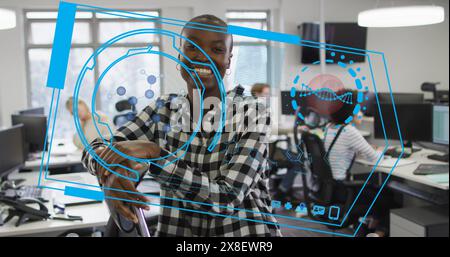 Image of financial data processing with molecules and dna strand over diverse business people Stock Photo