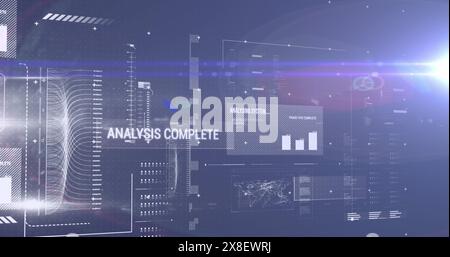 Image of interface with data processing against light spot on blue background Stock Photo