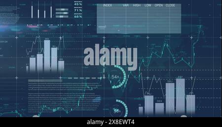 Image of statistical data processing over grid network against world map on blue background Stock Photo