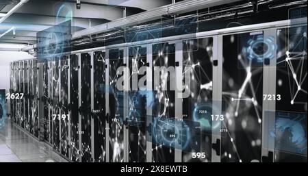 Image of changing numbers, round scanner and network of connections against server room Stock Photo