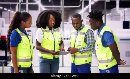 Factory Engineers Meeting. Checking Industrial Facility. Modern Factory Stock Photo